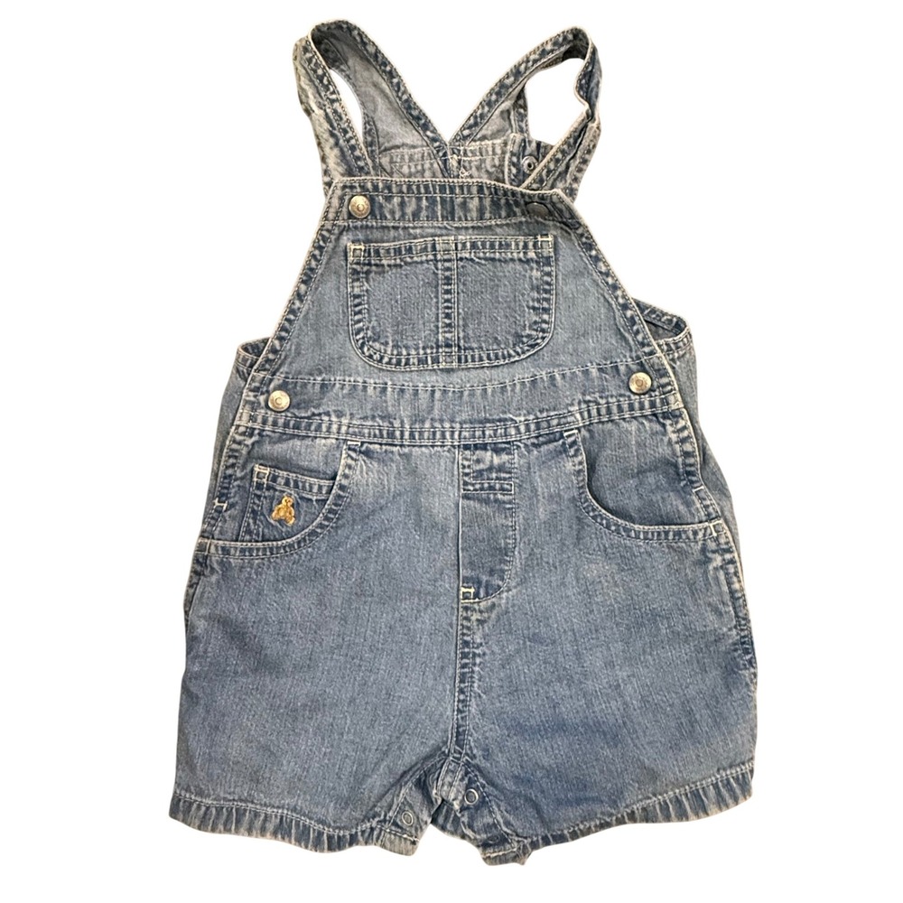 Vintage Baby Gap Denim Shortalls Light Wash Teddy Bear Overalls 12-18 Months